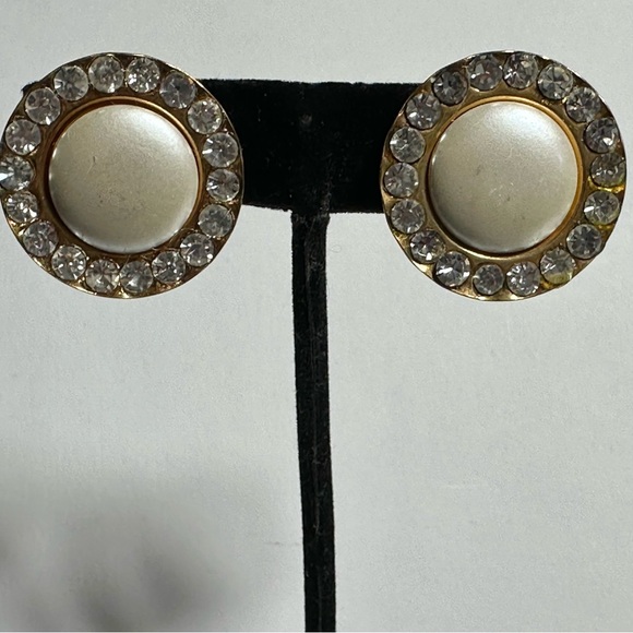 Classic Clip On Simulated Pearl Earrings Encircled w Rhinestones Dressy Look - Picture 4 of 5